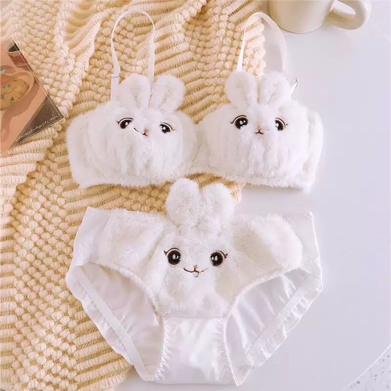 New Japanese Anime Style Plush Bunny Bralette – Cute Fluffy Faux Fur Padded Bra Panty set