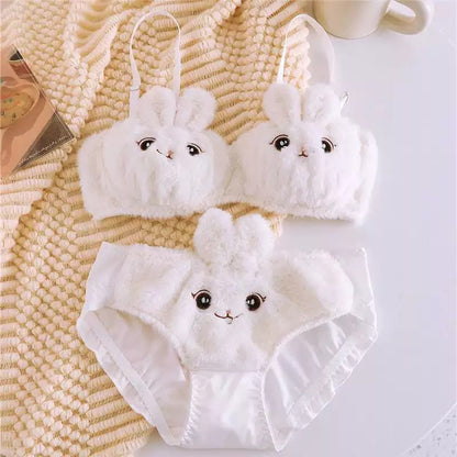 New Japanese Anime Style Plush Bunny Bralette – Cute Fluffy Faux Fur Padded Bra Panty set