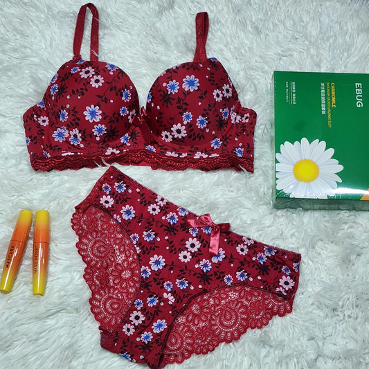 Flourish Cute Flower Printed Underwired Adjustable Straps Push Up Bra And Panty Set