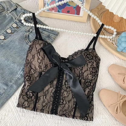 Flourish Cute Lace Flower Embroided Adjustable Straps Mid Ribbon Syle Sexy Crop Top-1874