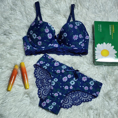 Flourish Cute Flower Printed Underwired Adjustable Straps Push Up Bra And Panty Set 7035