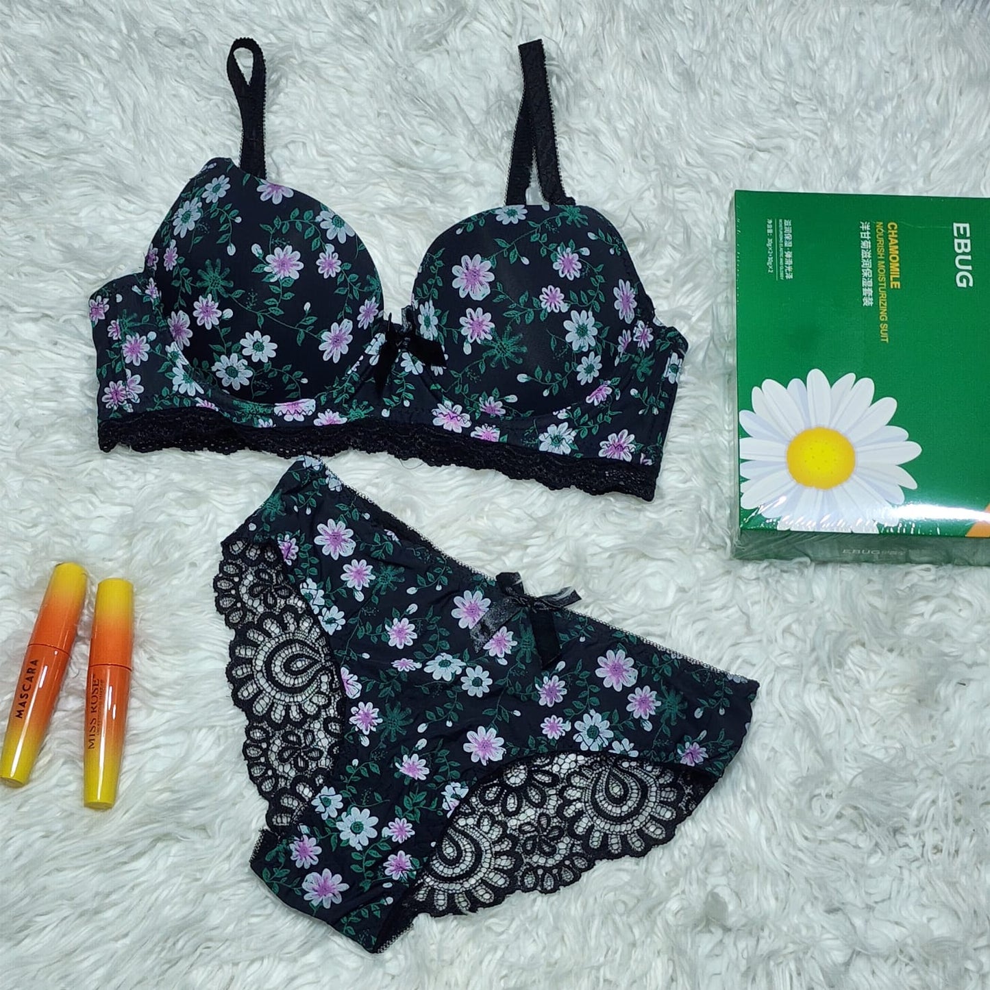 Flourish Cute Flower Printed Underwired Adjustable Straps Push Up Bra And Panty Set 7035