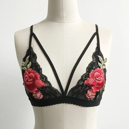 Flourish Lace Embroidered with Floral Appliqués See Through Non Padded Bra