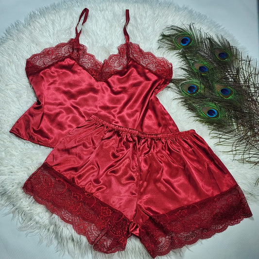 Flourish Padded V Neck  With Lace  Baggy Style Top Short Sexy Silk Satin Home Suit Short Set 6053