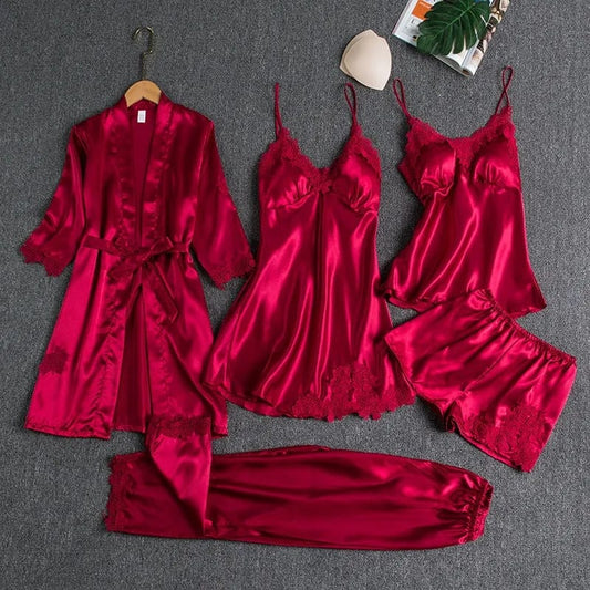 Flourish 5 pcs Non Padded Silk Satin Pajama Set Cami Top Nightgown Sexy Sleepwear Robe Sets Lace Nightdress