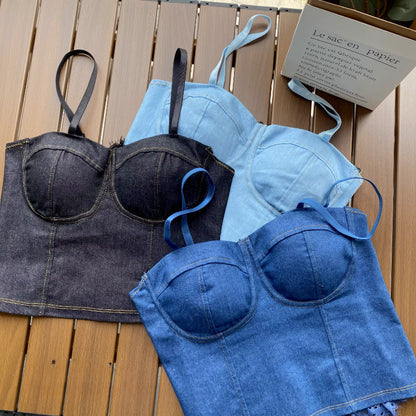 Flourish Ladies Imported  Denim Tops Women Denim Vest Camisole Cropped Tank Top Shirt Bra Lace Splice Party Clubwear