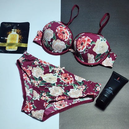 Flourish Double Padded Wired and Push Up Flower Printed High Quality Adjustable Straps Back Closure Bra And Panty Set