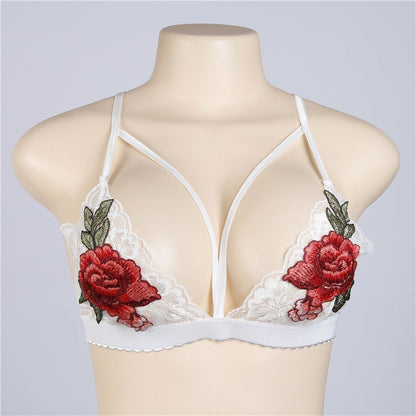 Flourish Lace Embroidered with Floral Appliqués See Through Non Padded Bra