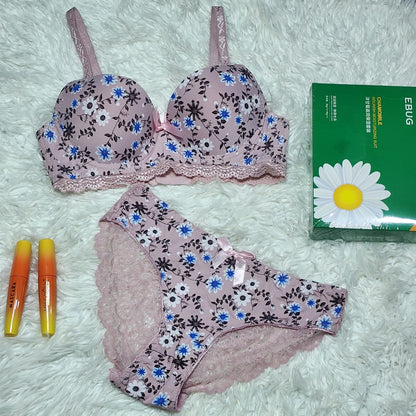 Flourish Cute Flower Printed Underwired Adjustable Straps Push Up Bra And Panty Set 7035