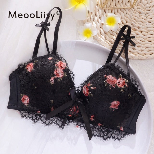 Cute Lace Flower Embroided Adjustable Straps Push Up Bridal Padded