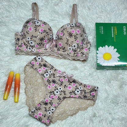 Flourish Cute Flower Printed Underwired Adjustable Straps Push Up Bra And Panty Set 7035