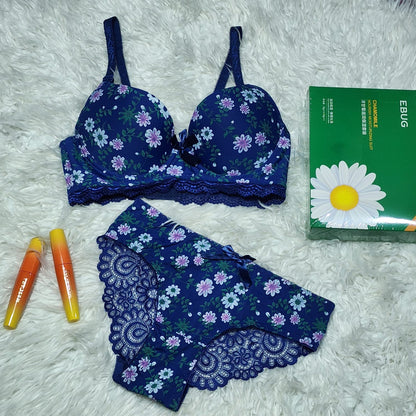 Flourish Cute Flower Printed Underwired Adjustable Straps Push Up Bra And Panty Set 7035