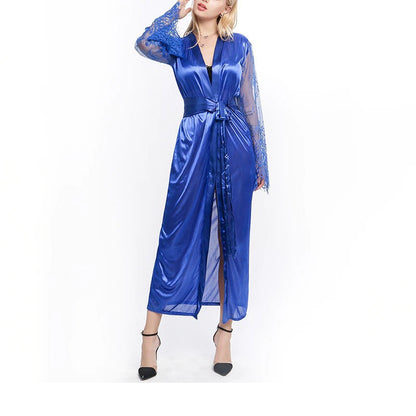 Women's Long Lace Patchwork Bathrobe Soft Silk Nightgown Bath Robe Sexy Gown