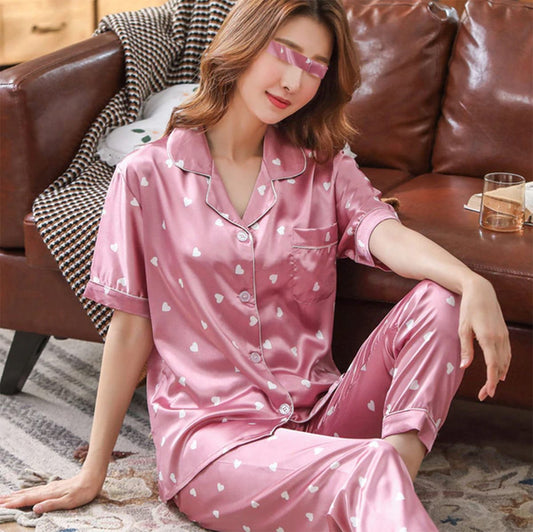 Flourish Woman Silk Pajamas Sets Short Sleeve Sleepwear Two Pieces Set Heart Printed 2021 New Summer Lady Silk lounge Wear Pajamas 227